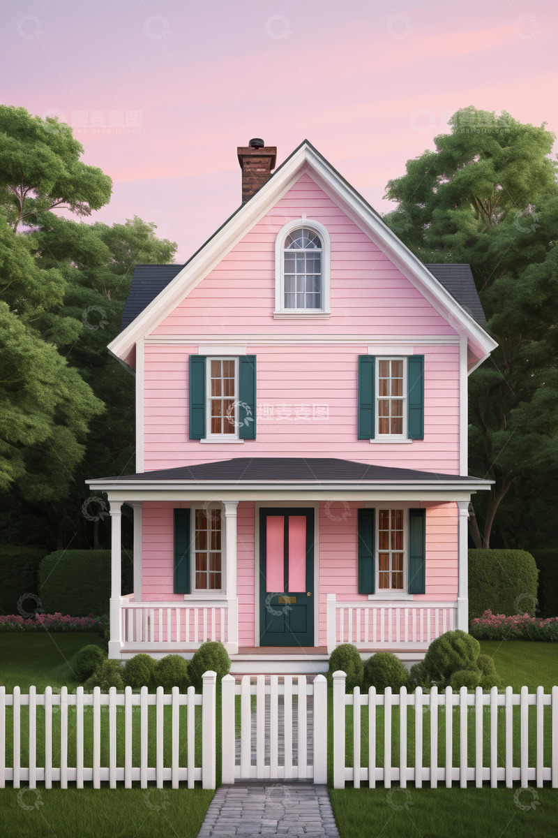 高清大图下载【趣麦麦图】粉色独栋住宅与庭院景观