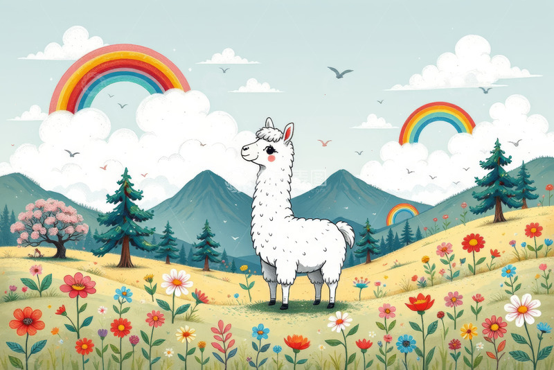 高清大图下载【趣麦麦图】草原上站立的羊驼与自然风光