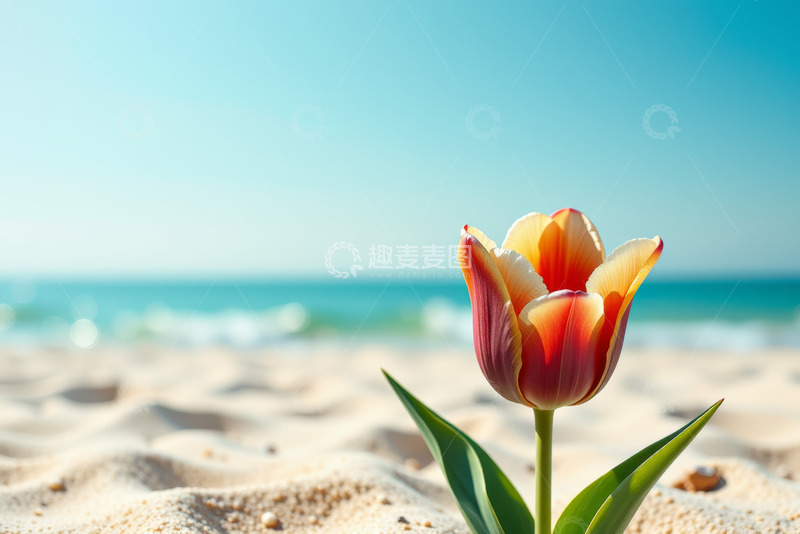 高清大图下载【趣麦麦图】沙滩上的红黄郁金香
