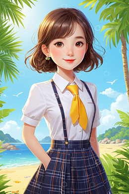 海边穿着校服的少女