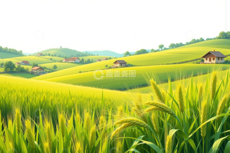 高清大图下载【趣麦麦图】田园风光中的麦田与农舍