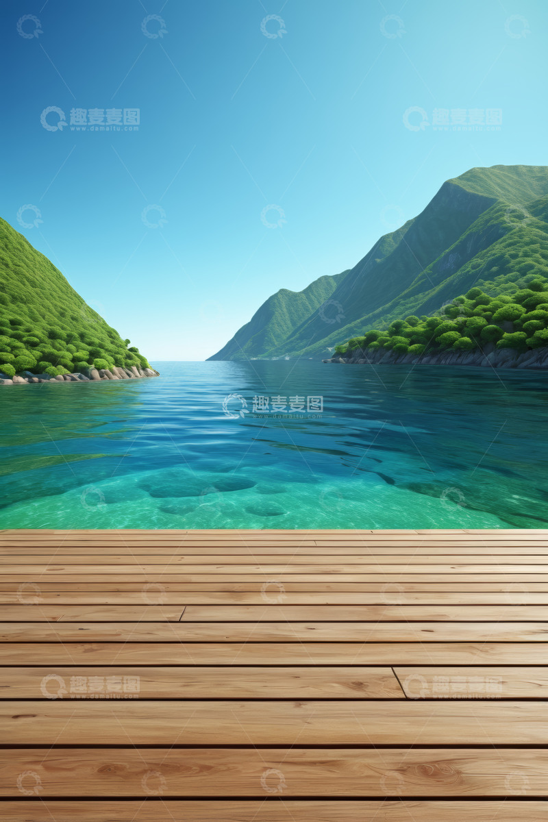 高清大图下载【趣麦麦图】湖边木质平台与青山绿水景观
