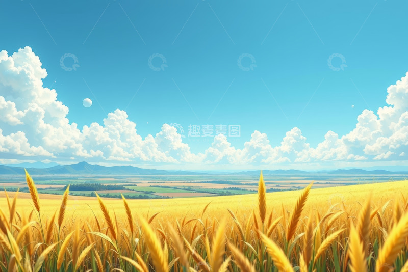 高清大图下载【趣麦麦图】金黄麦田与蓝天白云自然风光