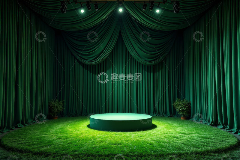 高清大图下载【趣麦麦图】绿色舞台圆形平台与幕布场景