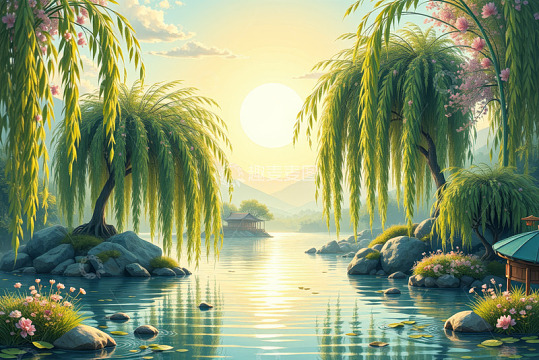湖畔垂柳夕阳自然风光