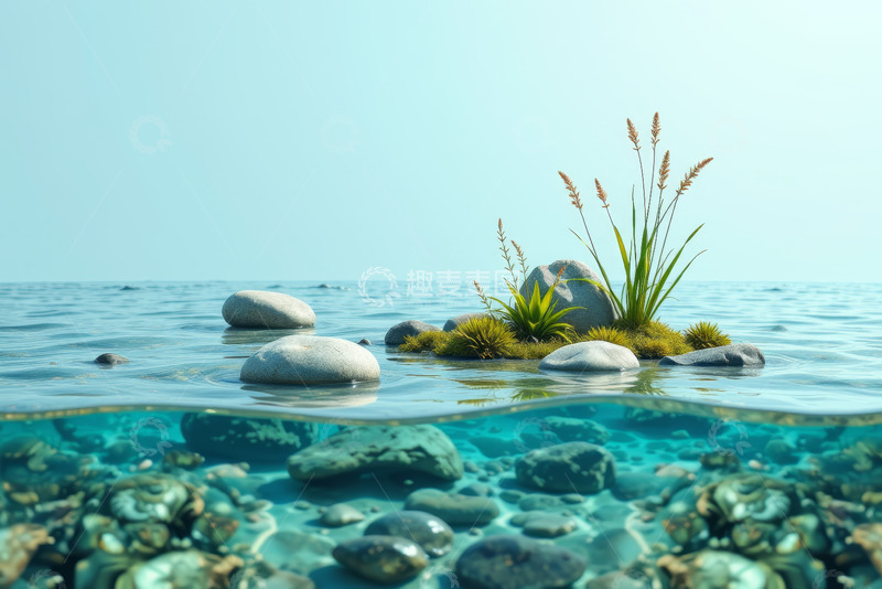 高清大图下载【趣麦麦图】水面上的石头与水中植物景观