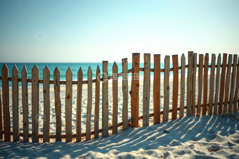 高清大图下载【趣麦麦图】海滩边的木质围栏