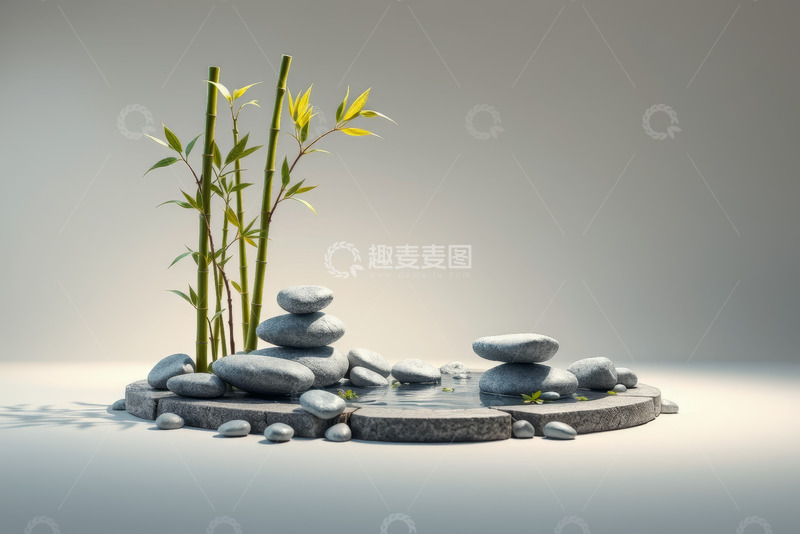 高清大图下载【趣麦麦图】-禅意竹子与石堆景观