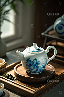 中式青花瓷茶壶茶具静物