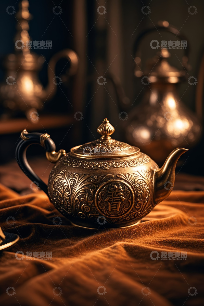 高清大图下载【趣麦麦图】传统工艺金属茶壶特写