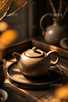 古朴茶壶置于木质茶盘上