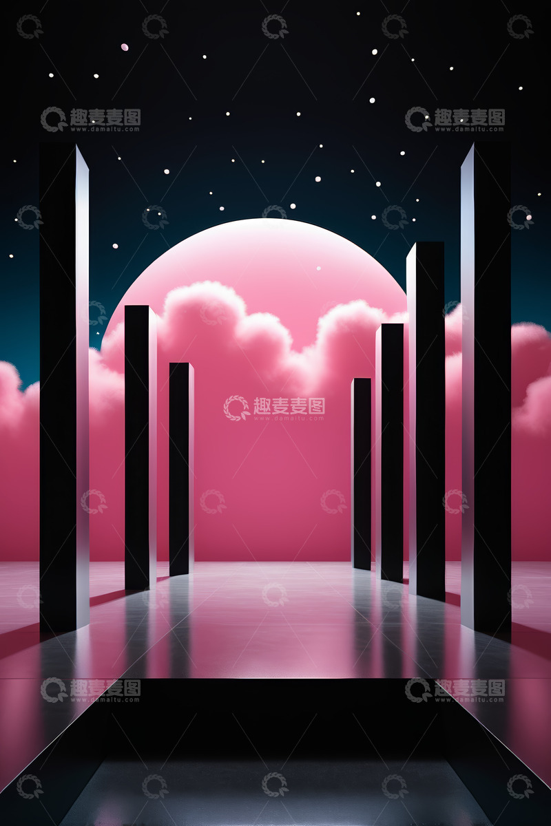 高清大图下载【趣麦麦图】梦幻粉色天空下的立柱场景