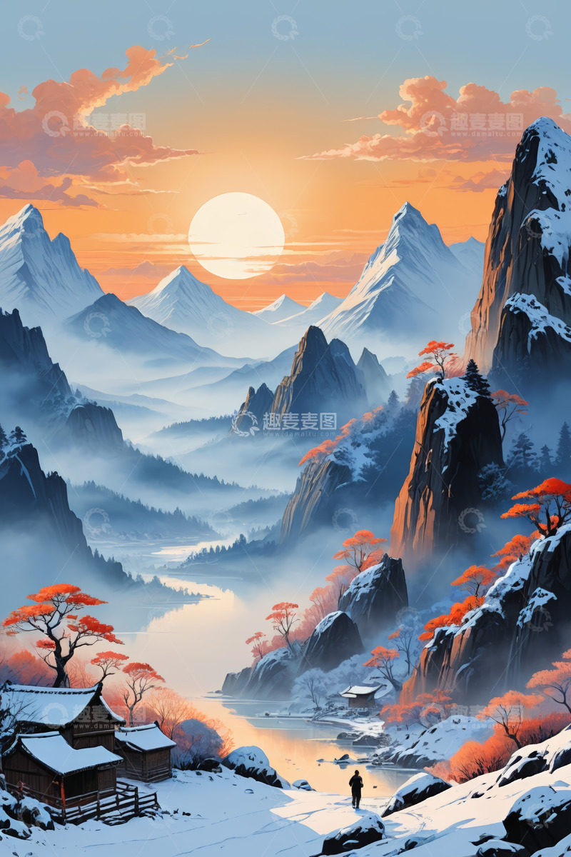 高清大图下载【趣麦麦图】雪山夕阳下的山间村落景象