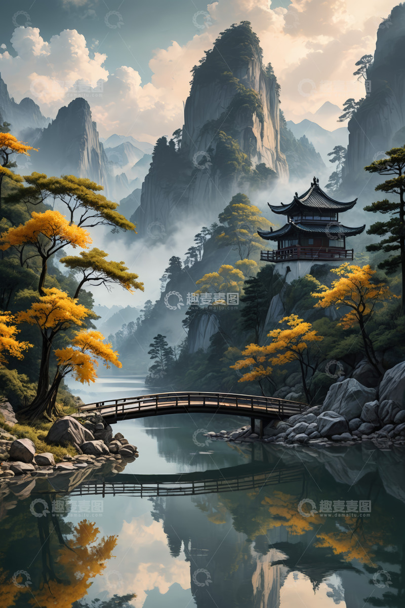 高清大图下载【趣麦麦图】中式山水风景中的古桥与楼阁