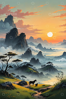 山间夕阳下的动物与风景