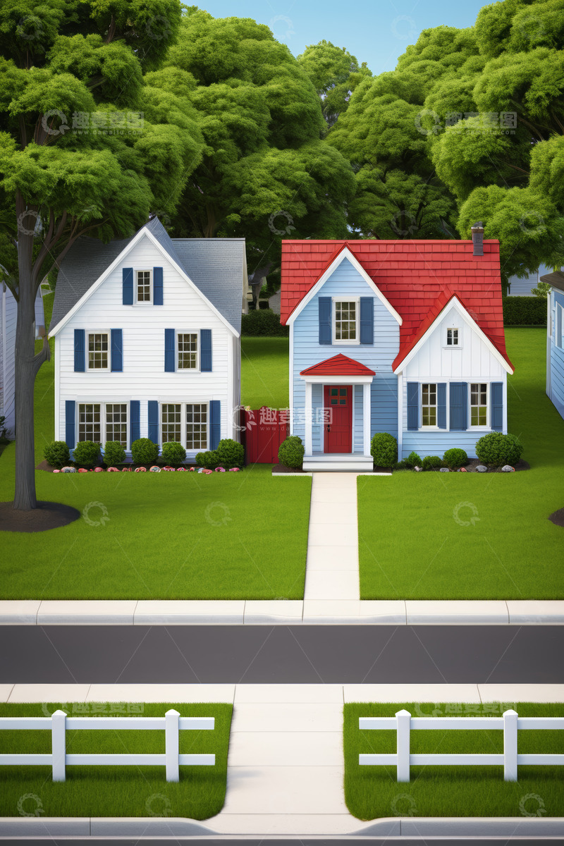 高清大图下载【趣麦麦图】两栋美式风格住宅与绿化景观