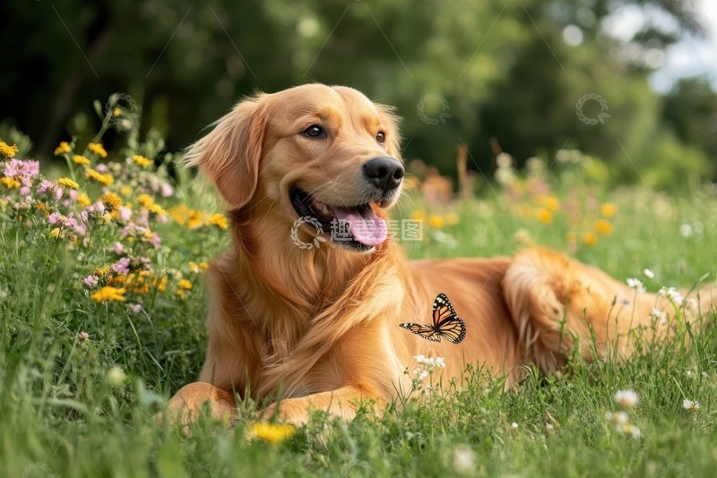 高清大图下载【趣麦麦图】草地上趴着的一只金毛