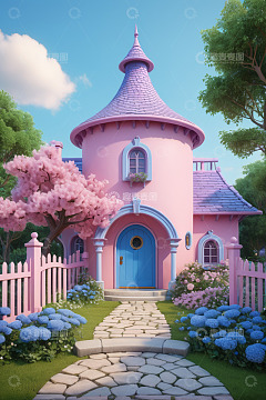 梦幻粉色童话小屋庭院景观