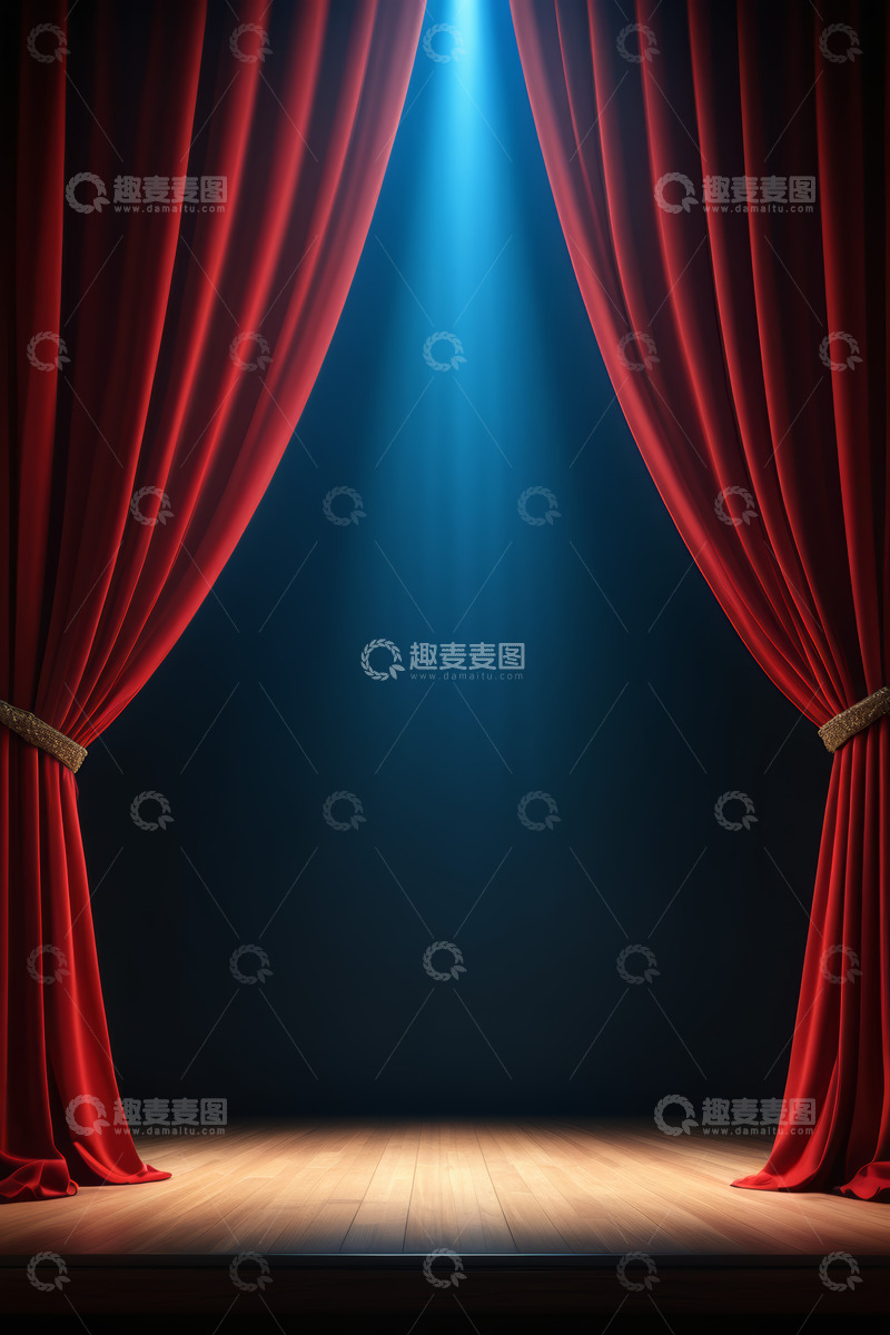 高清大图下载【趣麦麦图】舞台红色幕布与聚光灯场景