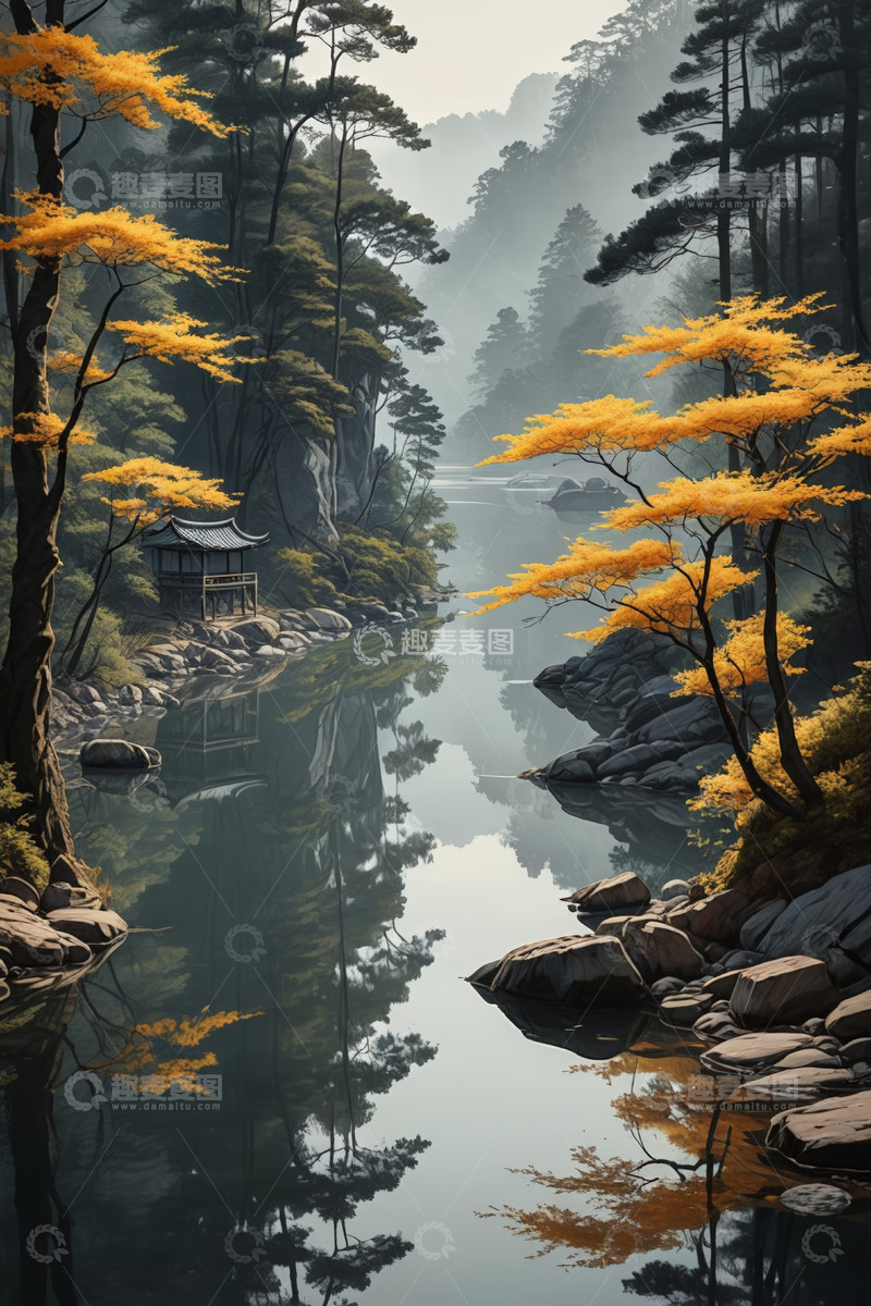 高清大图下载【趣麦麦图】山林间水边中式小屋自然景观