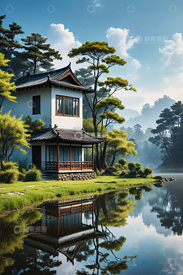 湖畔中式小屋自然风光