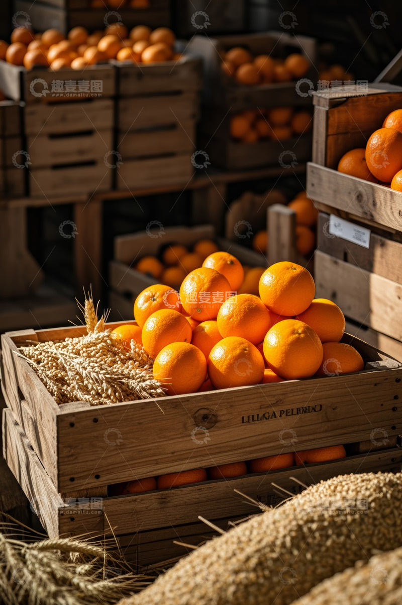 高清大图下载【趣麦麦图】木箱中堆放的新鲜橙子