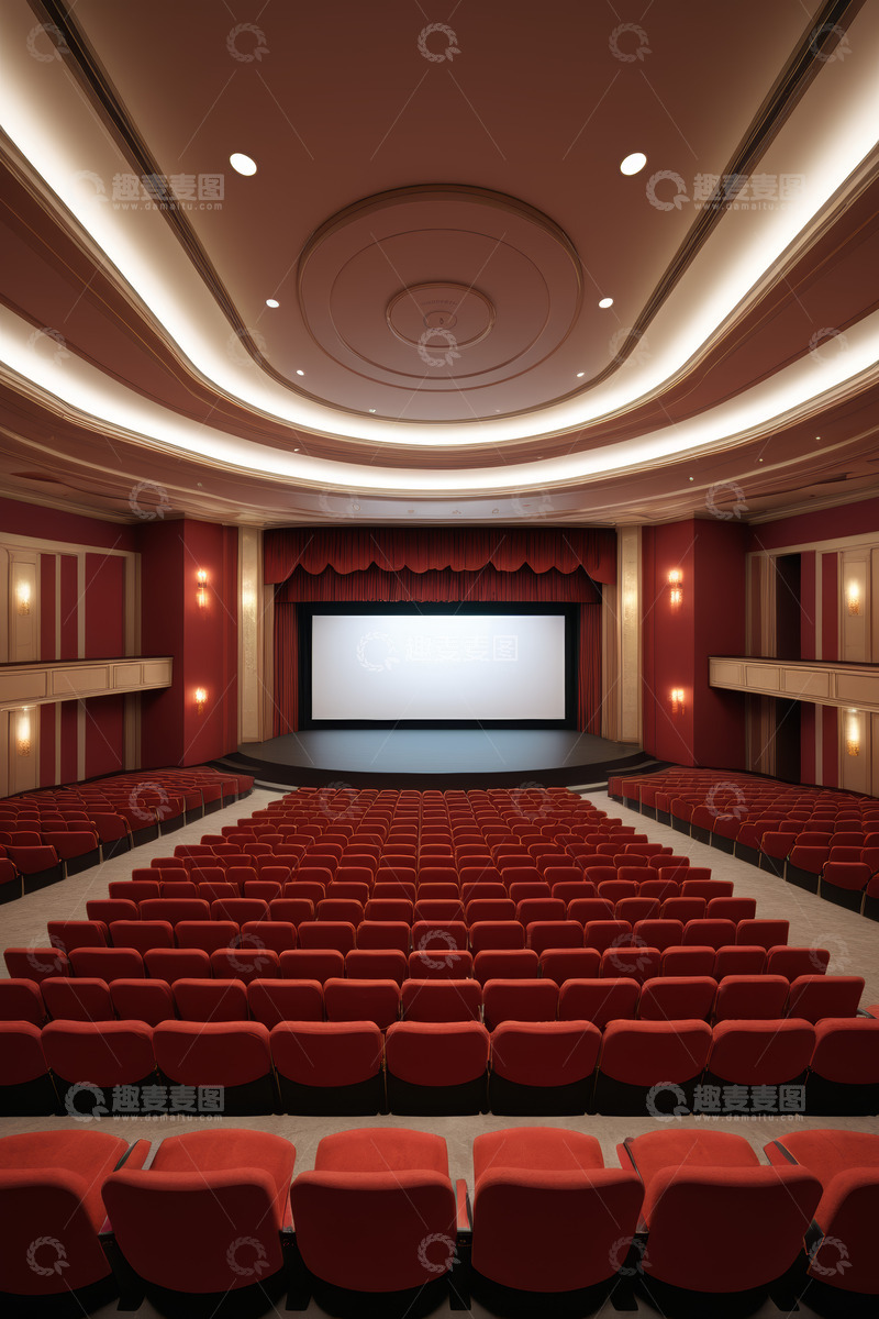 高清大图下载【趣麦麦图】空旷电影院红色座椅与大屏幕