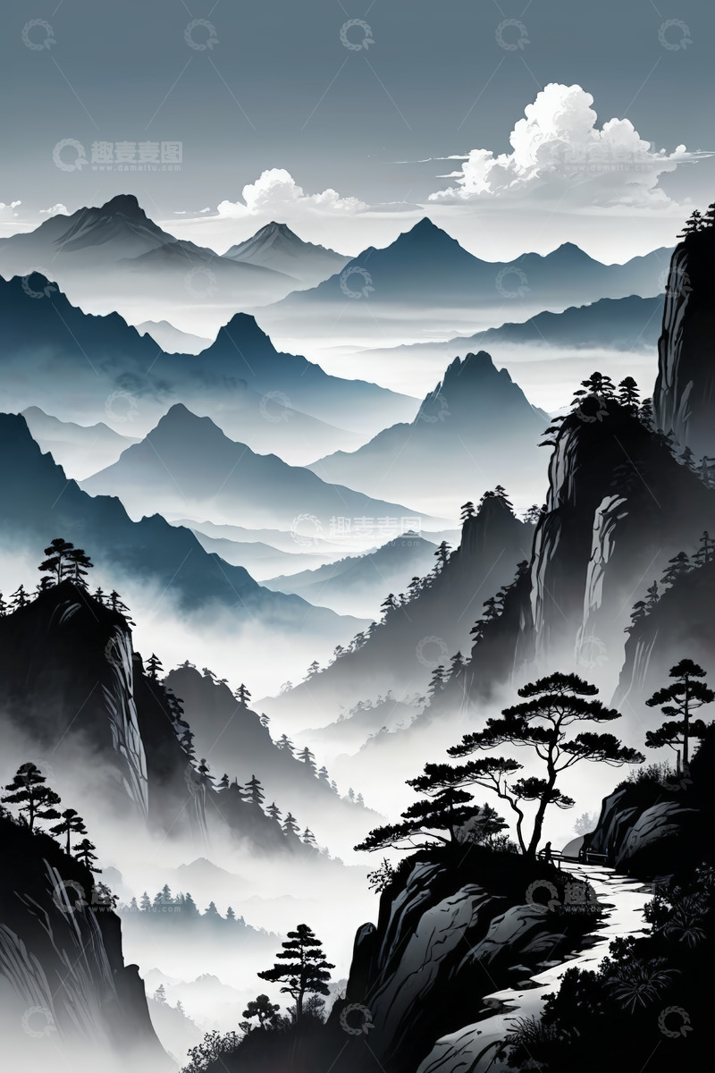 高清大图下载【趣麦麦图】水墨风格山水风景