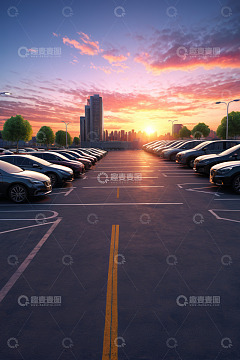 夕阳下城市停车场全景