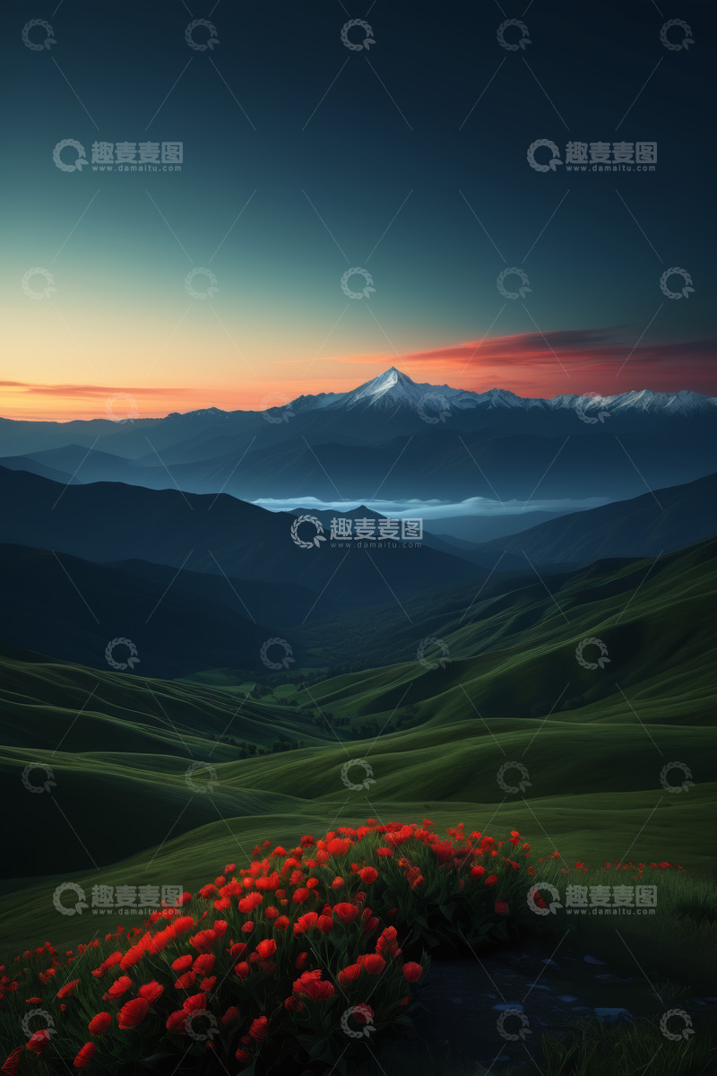 高清大图下载【趣麦麦图】山间日出时的绿色草坡与红花