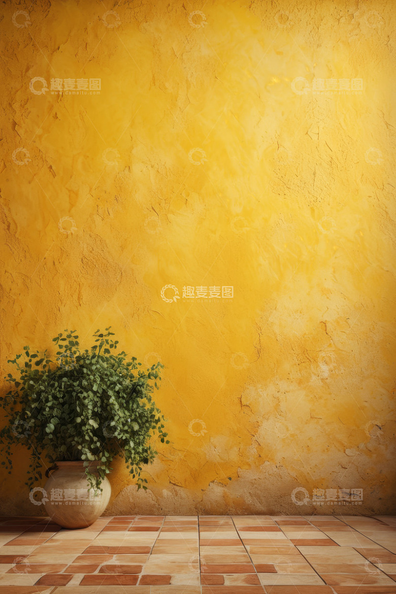 黄墙前陶罐绿植装饰场景