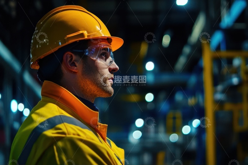 高清大图下载【趣麦麦图】工厂里带着头盔的一个工人