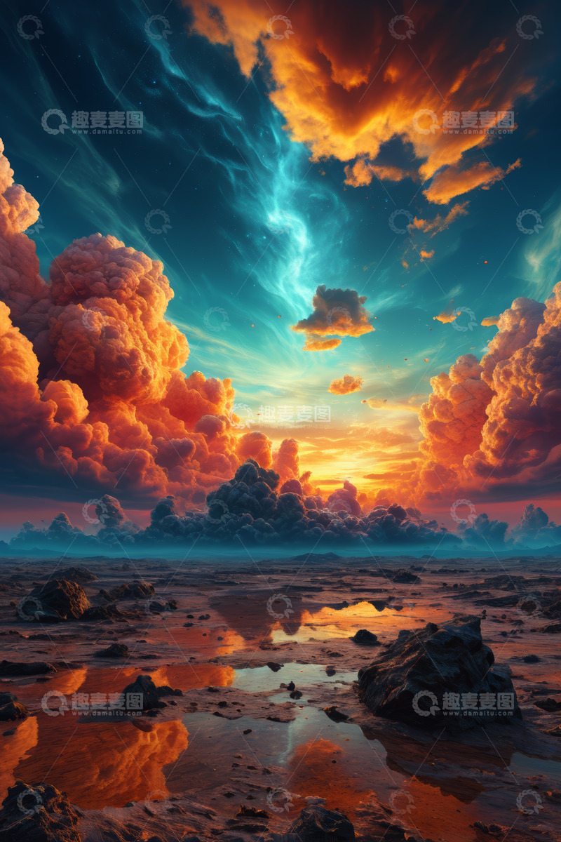 高清大图下载【趣麦麦图】日落时分壮丽天空与地面景观