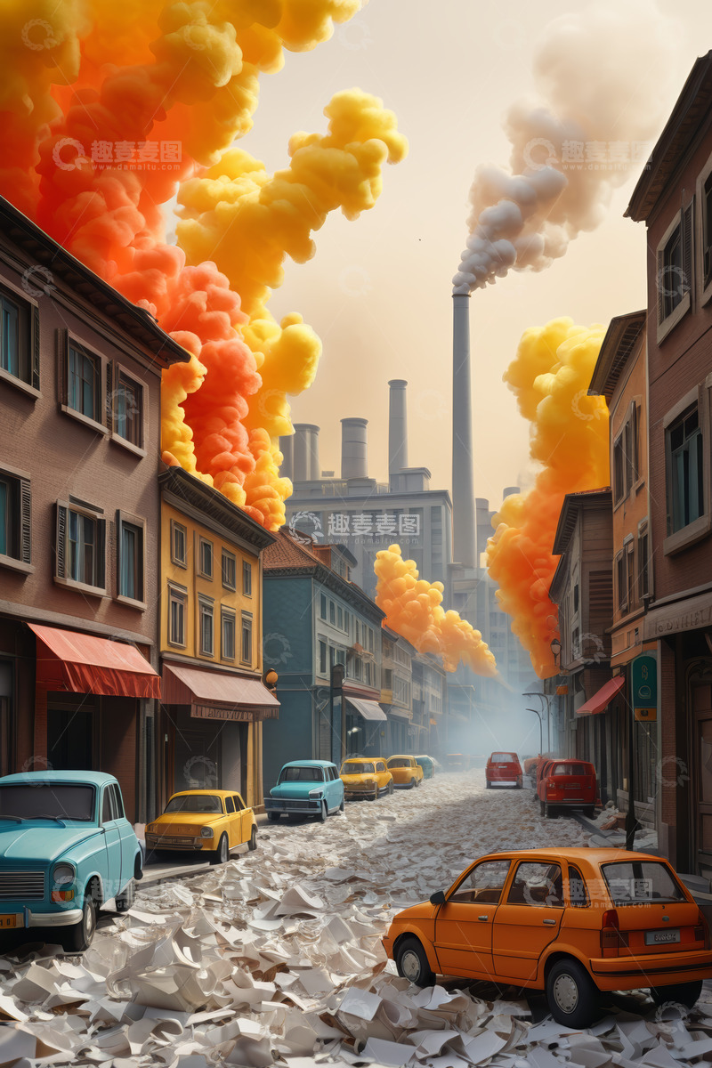 高清大图下载【趣麦麦图】街道工厂烟雾污染场景