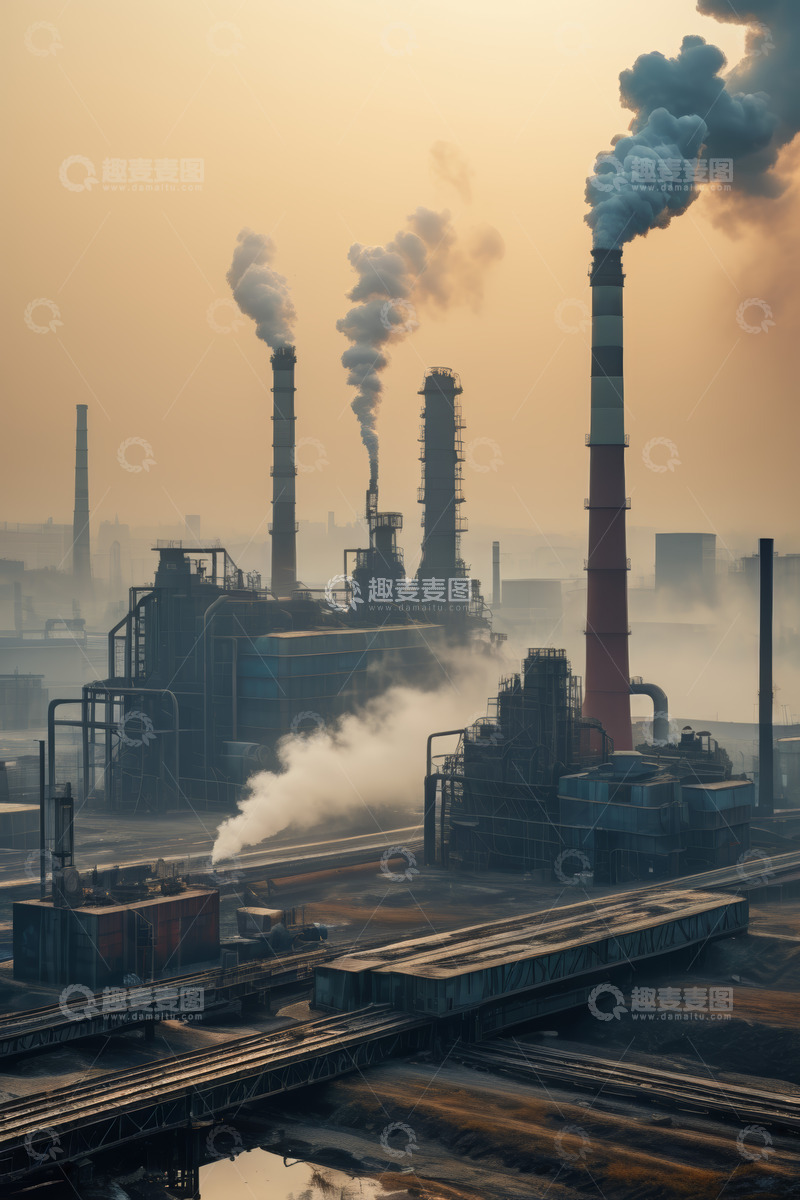 高清大图下载【趣麦麦图】工业区烟囱排放烟雾景象