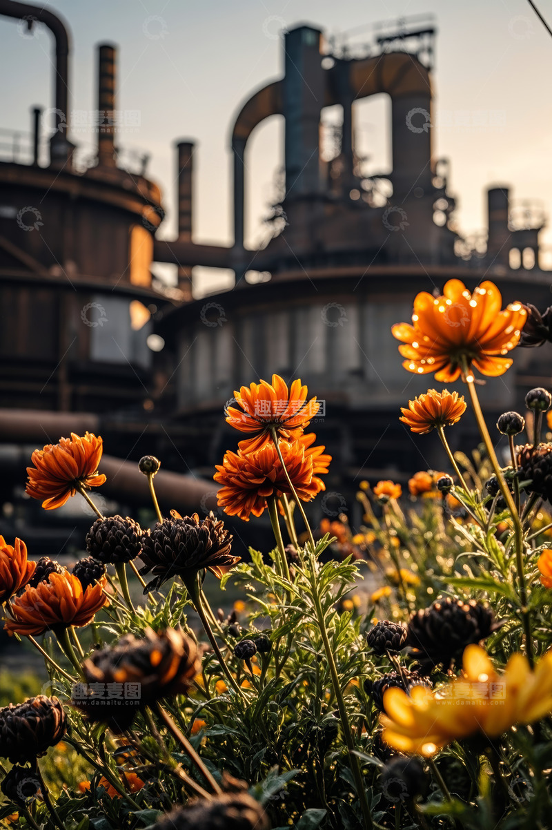 高清大图下载【趣麦麦图】工厂前绽放的橙色花卉
