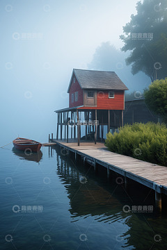湖畔雾中红屋与泊船景致