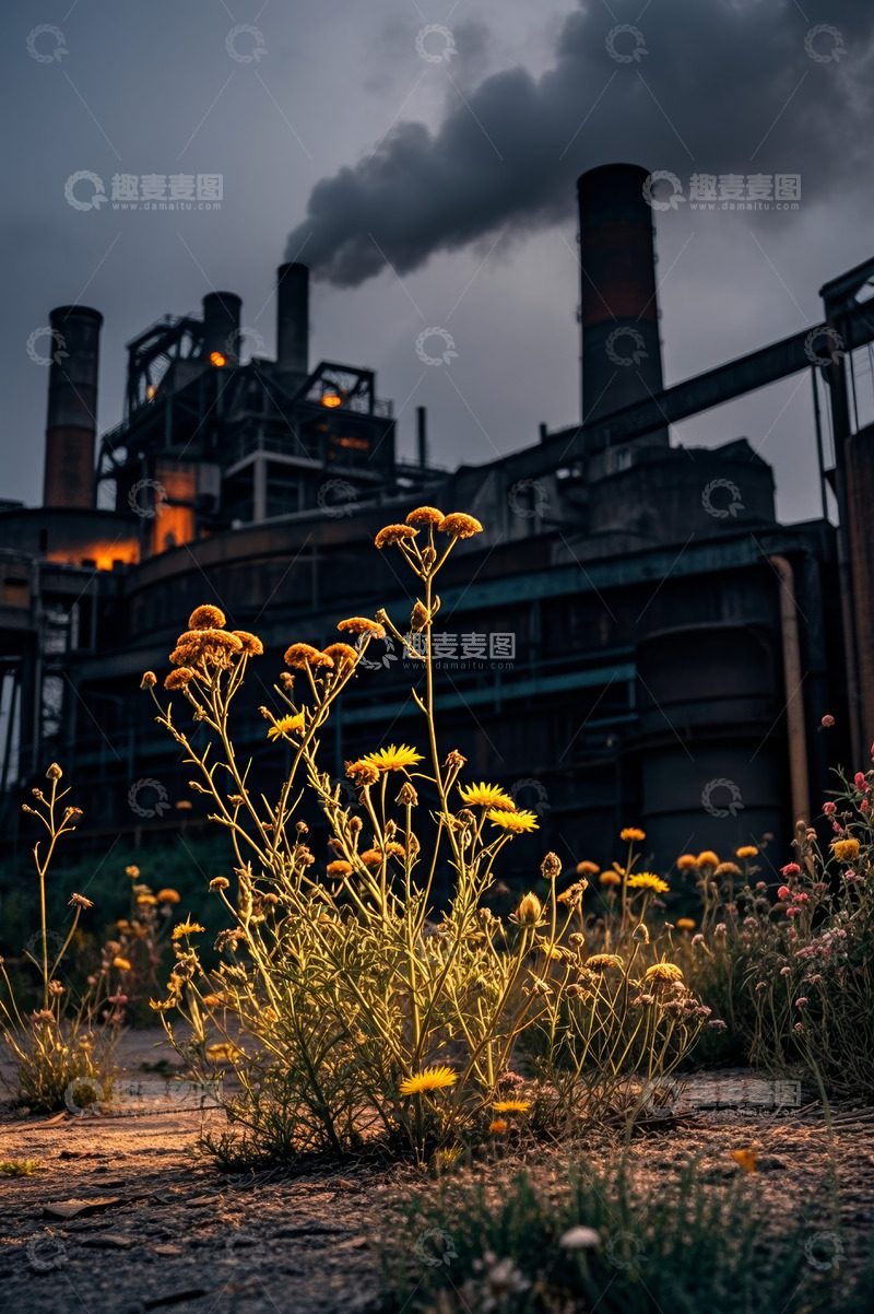 高清大图下载【趣麦麦图】工厂前绽放的黄色野花