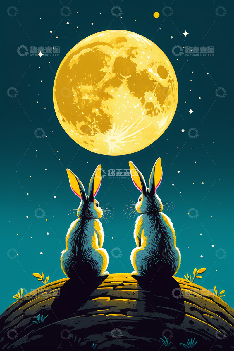 高清大图下载【趣麦麦图】两只兔子月下对坐插画