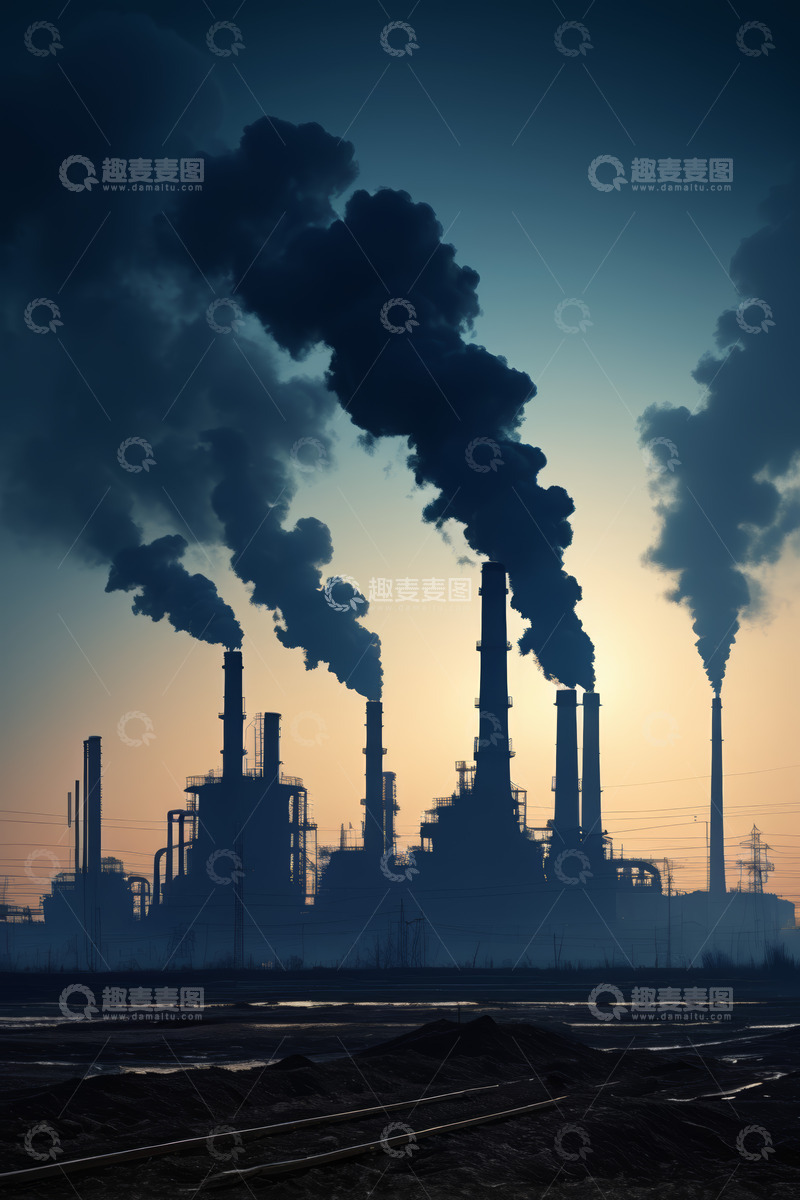 高清大图下载【趣麦麦图】黄昏时工厂烟囱排放烟雾景象