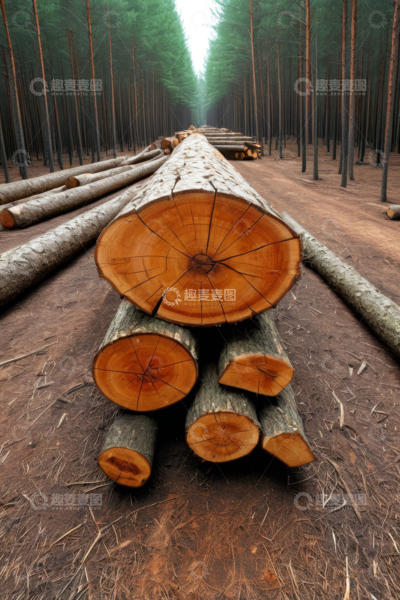高清大图下载【趣麦麦图】森林中堆放的砍伐木材