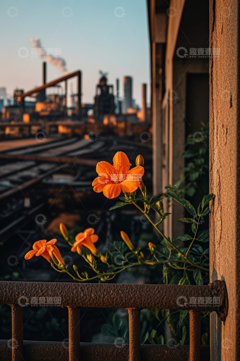 高清大图下载【趣麦麦图】工业区前景花卉与背景工业设施