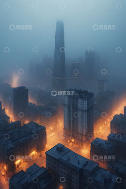 雾中城市建筑夜景俯瞰图