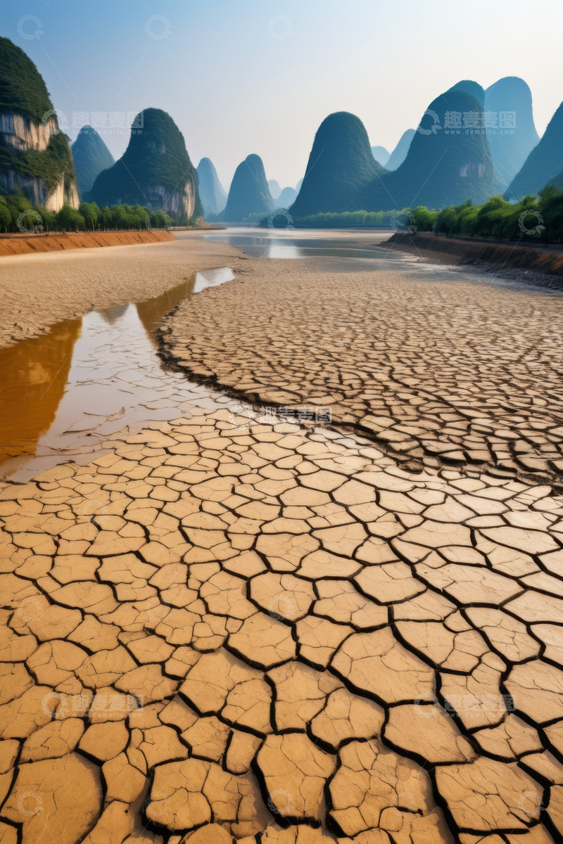 高清大图下载【趣麦麦图】桂林干旱河床与远山景观