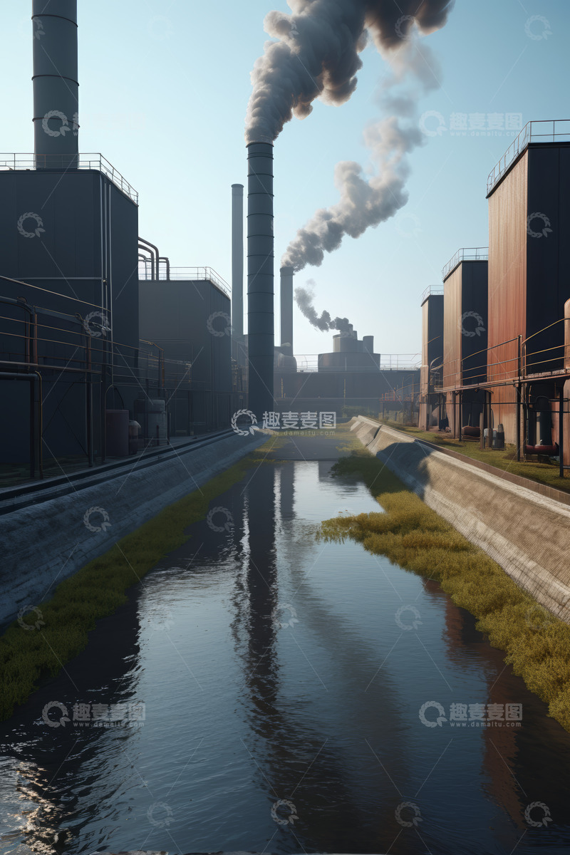 高清大图下载【趣麦麦图】工厂烟囱冒烟及河流景观