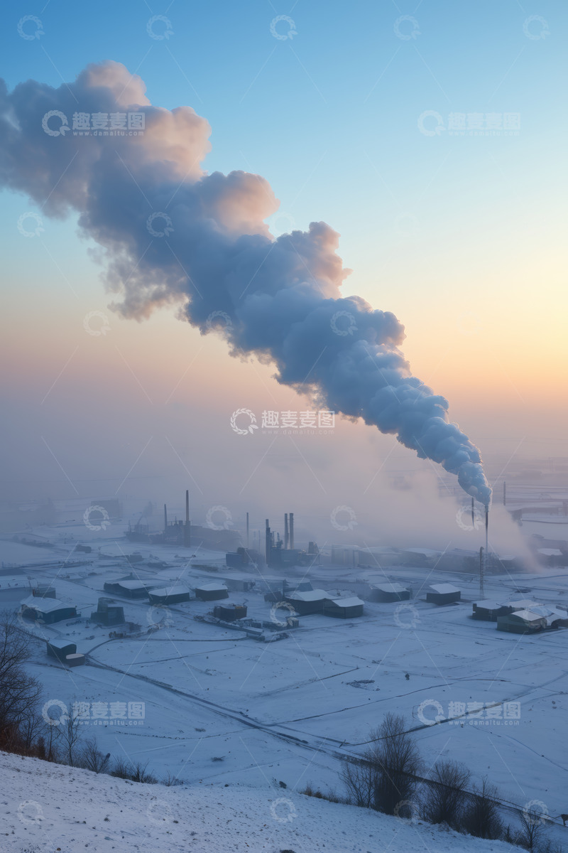 高清大图下载【趣麦麦图】雪地上工业烟囱排放烟雾场景