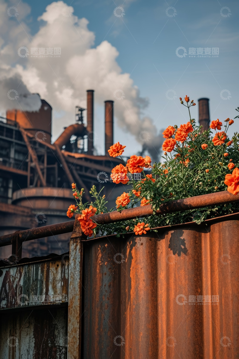 高清大图下载【趣麦麦图】工厂旁生锈围栏上绽放的橙色花朵
