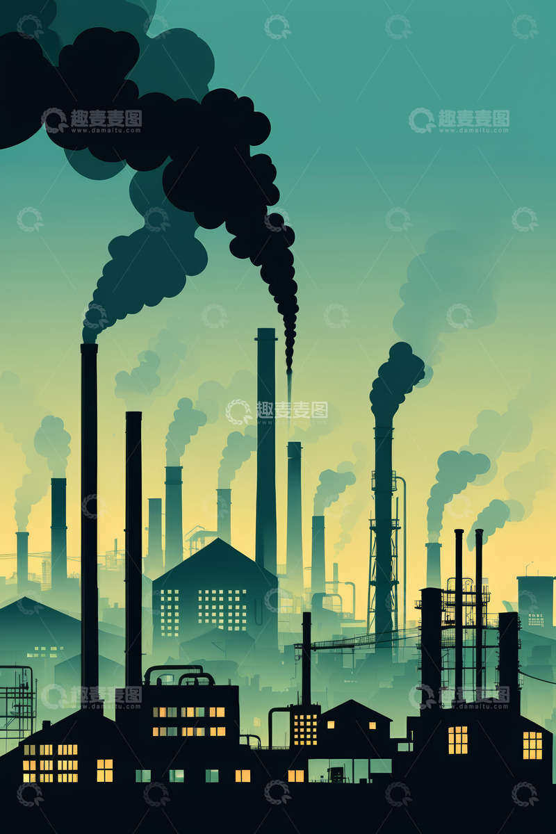 高清大图下载【趣麦麦图】工业工厂烟囱排放烟雾场景