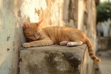 趴在石台上的一只小橘猫