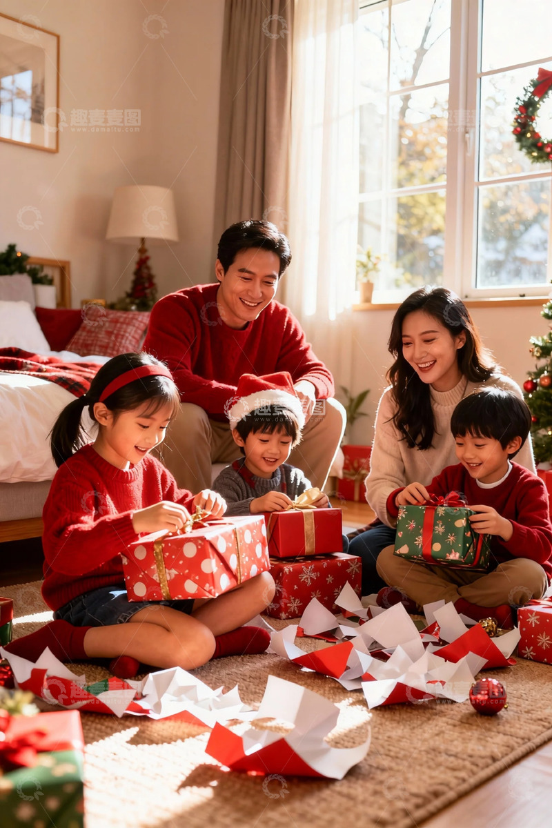 高清大图下载【趣麦麦图】圣诞家庭欢乐送礼物场景摄影